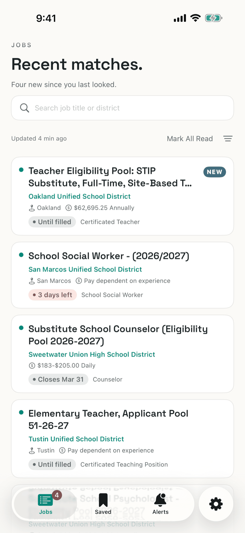 The AlertEd Jobs tab, listing recent matching school job postings with the district, location, pay and closing date for each.